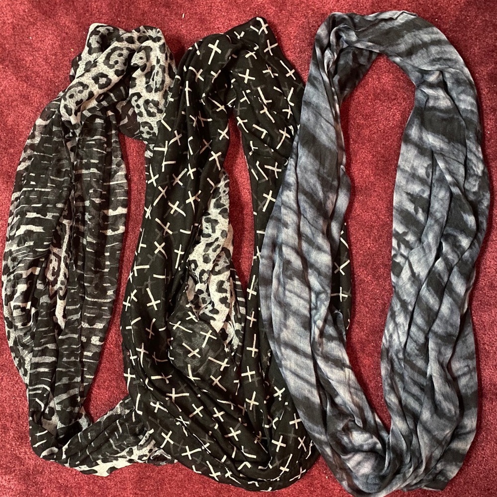 Infinity Scarves in Cross, Leopard and Tie Dye